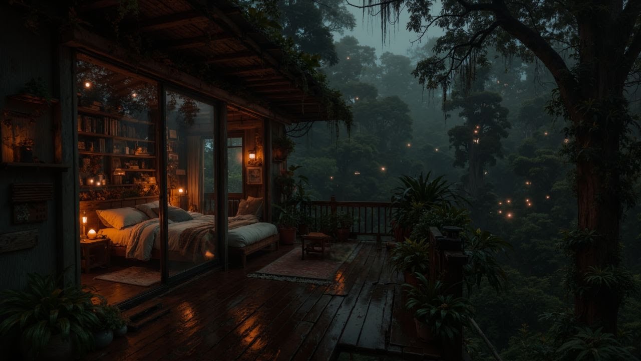 Sitting On The Porch On A Rainy Day: Heavy Rain and Warm Light To Sleep, Relax, Rest, Study
