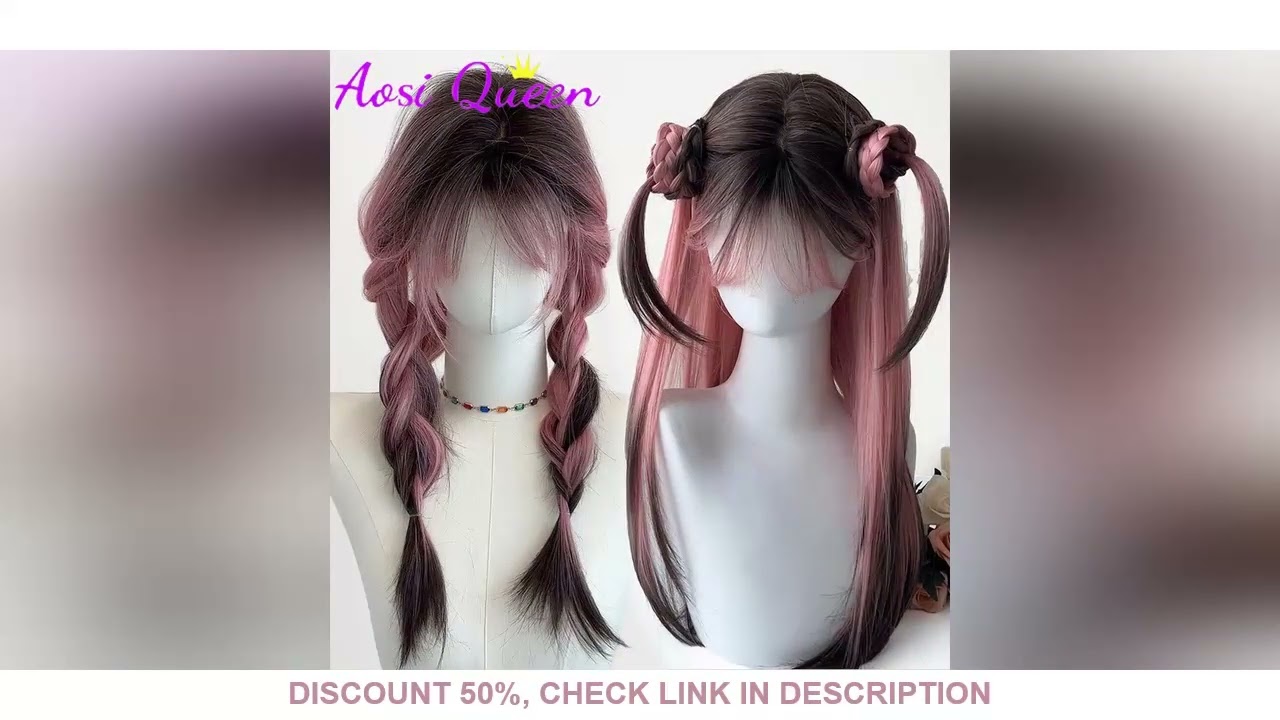 Aosi preto rosa ombre perucas sint&eacute;ticas para cosplay perucas longas retas em camadas com franja par