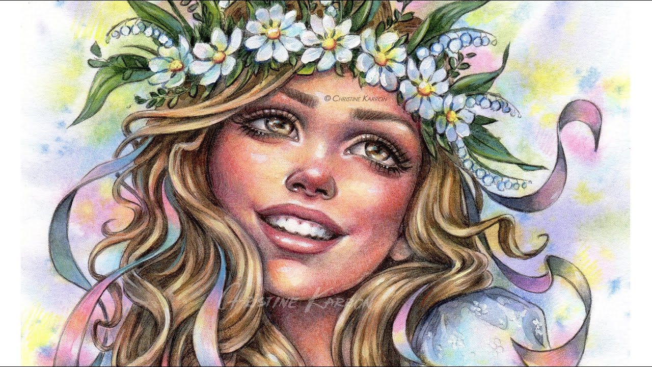 Mae Spring Beltane Portrait watercolor + colored pencils #illustration #coloring Christine Karron