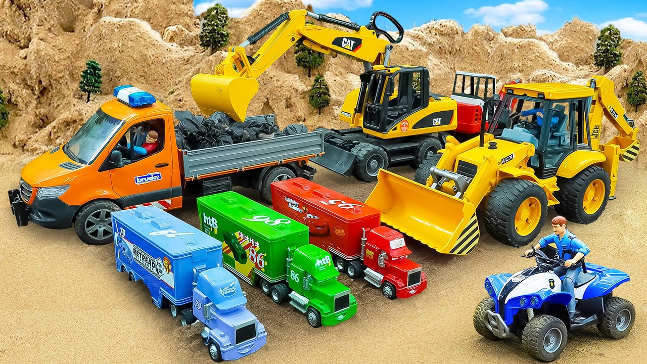 Excavator Rescues Police Car and Cargo Truck | Funny Toy Car Adventure