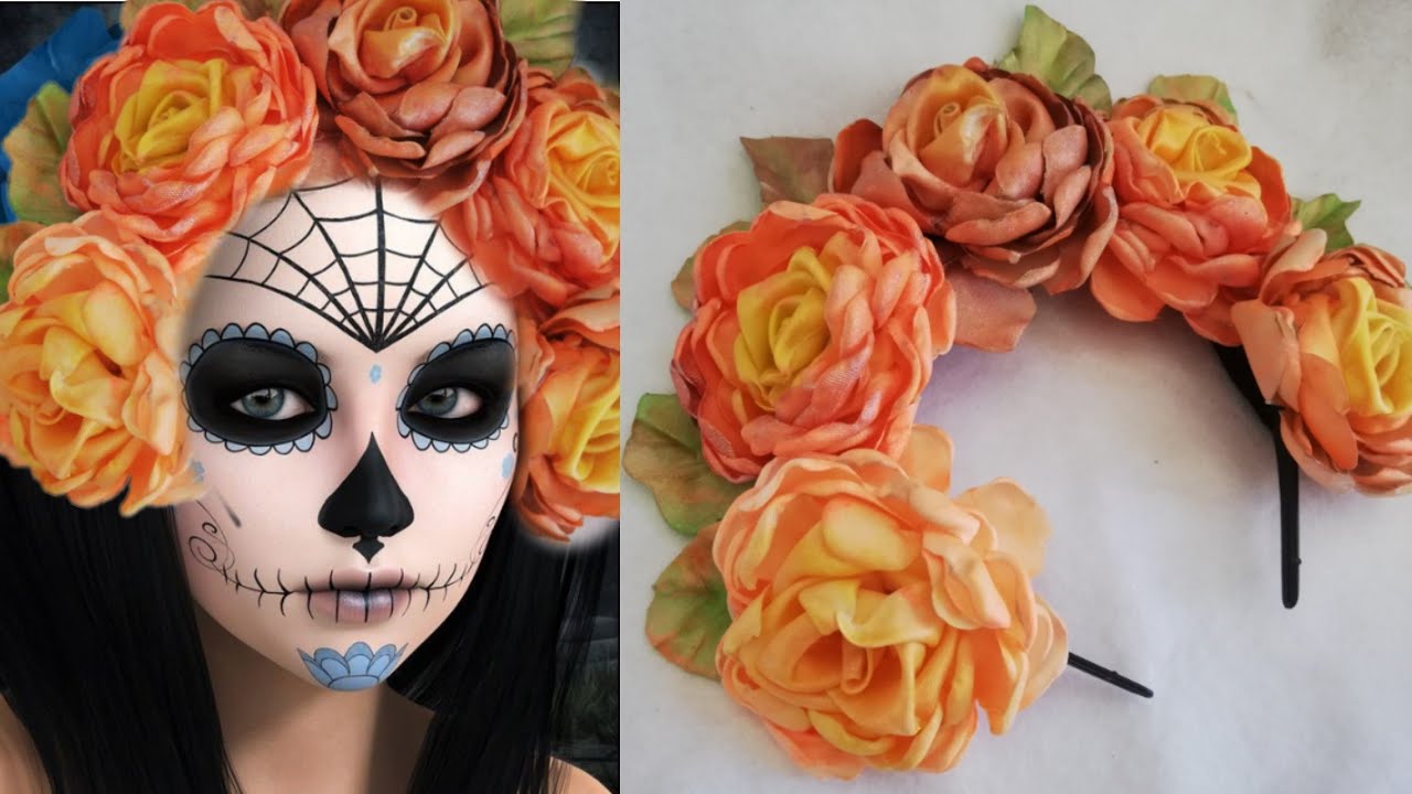 Diadema de catrina otoñal - Skull hairbow - Flores de tela y liston