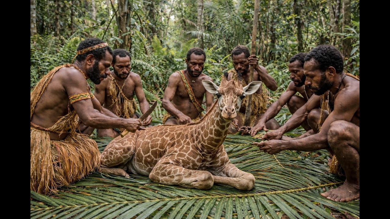 Epic Korowai Tribe Survival Hunting Giant Giraffe & Primitive Cooking In The Deep Amazon! #Survival