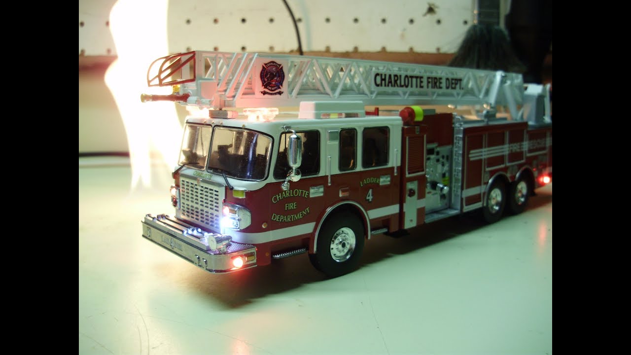 Custom IXO Charlotte Fire Department Smeal 105' ladder fire truck diecast model with working lights