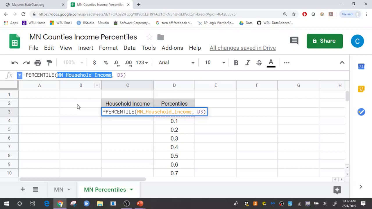 Percentiles via Google Sheets