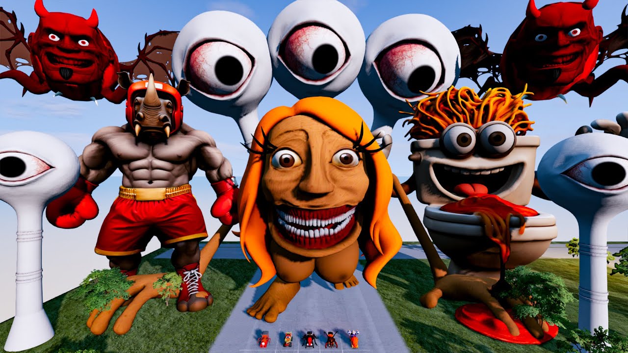 Flatbed Trailer McQueen Transportation with Truck - BUS EATER & CAR EATER & TUNGTUNG FEMALE - BeamNG