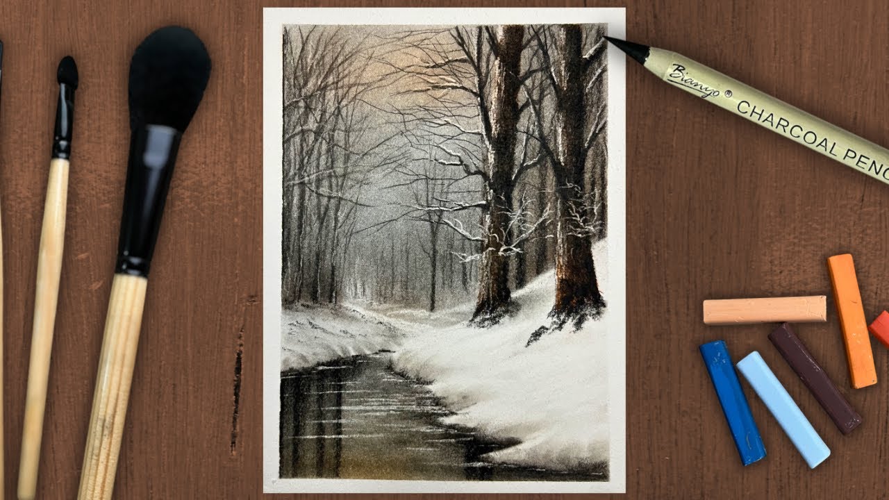 Realistic Winter Forest Drawing with Charcoal & Soft Pastel | Snow Landscape Art