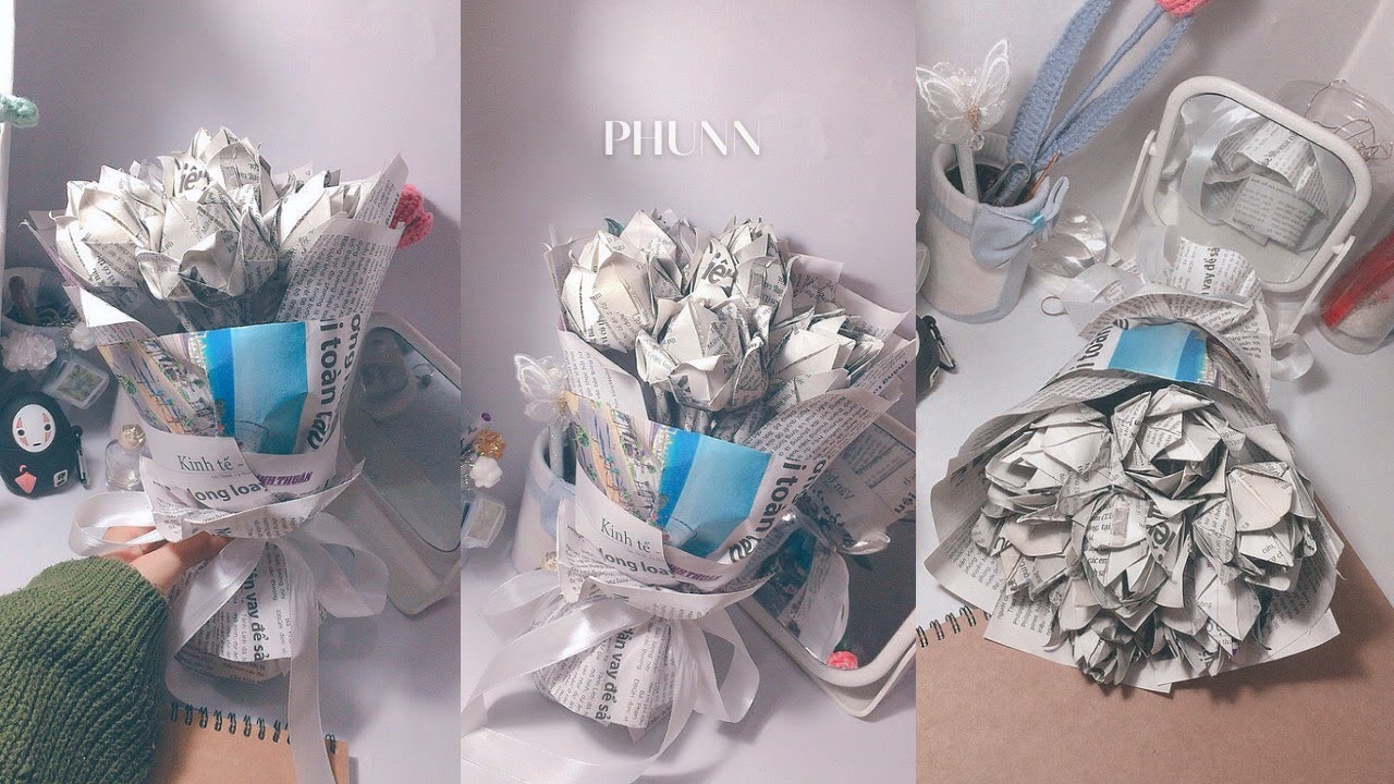 Làm bó hoa từ giấy báo cũ/ Newspaper roses I Khéo Tay Cùng Phunn I #Khéo_Tay_Cùng_Phunn #diy