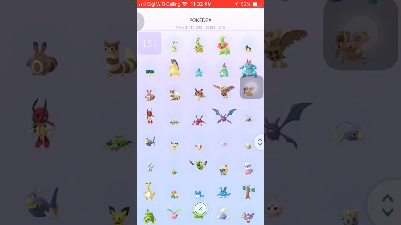 Pokemon Go Gen 1 & 2 completed Pokedex except Legendary Mew, Mewtwo, Delibird & Smeargle