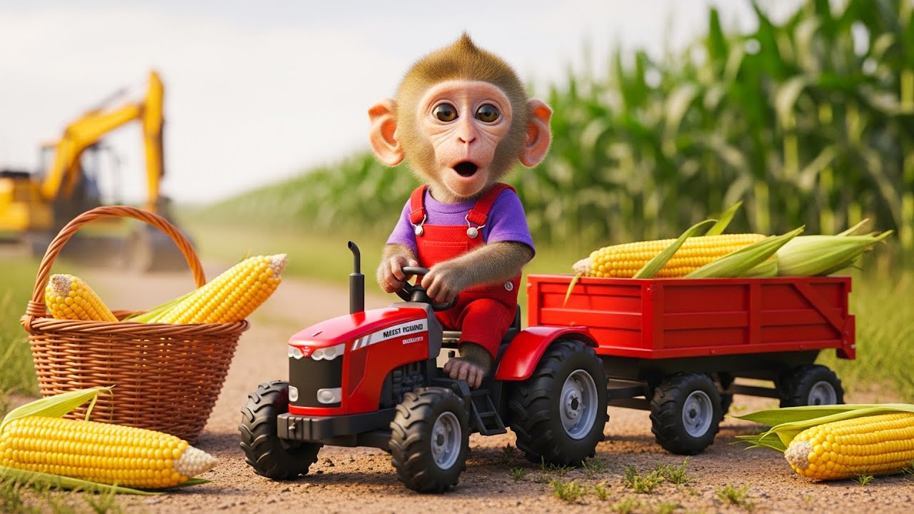 Baby Monkey Bubu Drives a Tractor to Harvest Corn on the Family Farm 🐒🌽🚜 Monkey Farm Work