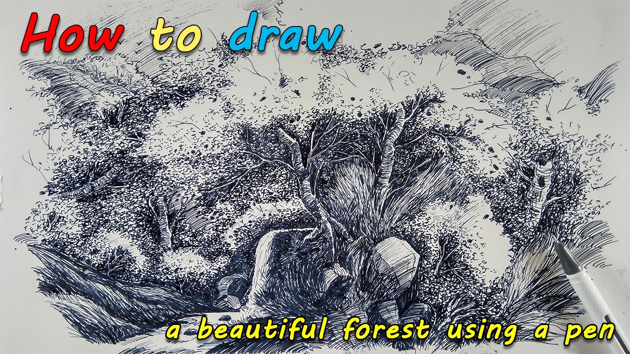 How to draw a beautiful forest using a pen | Landscape art