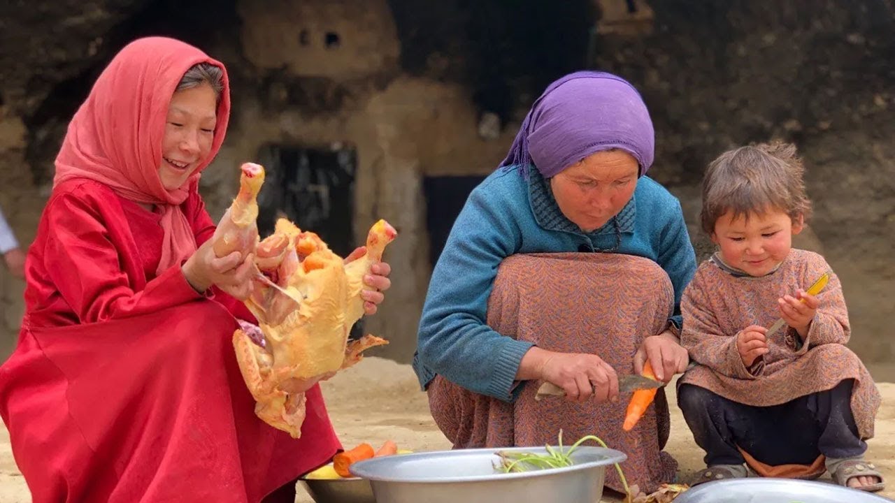 Cave Family in Bamyan Cooking Chicken for Lunch | Life in an Afghan Village