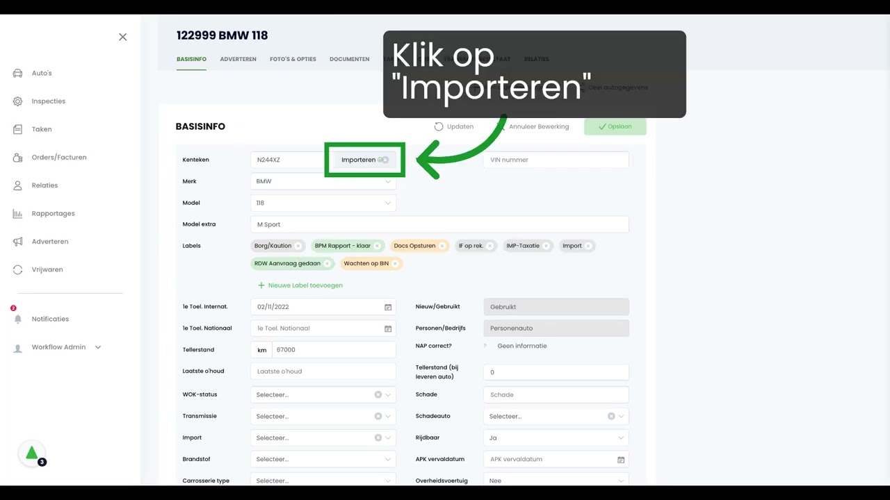 Importeren van autogegevens na import (wijziging naar een Nederlands kenteken)