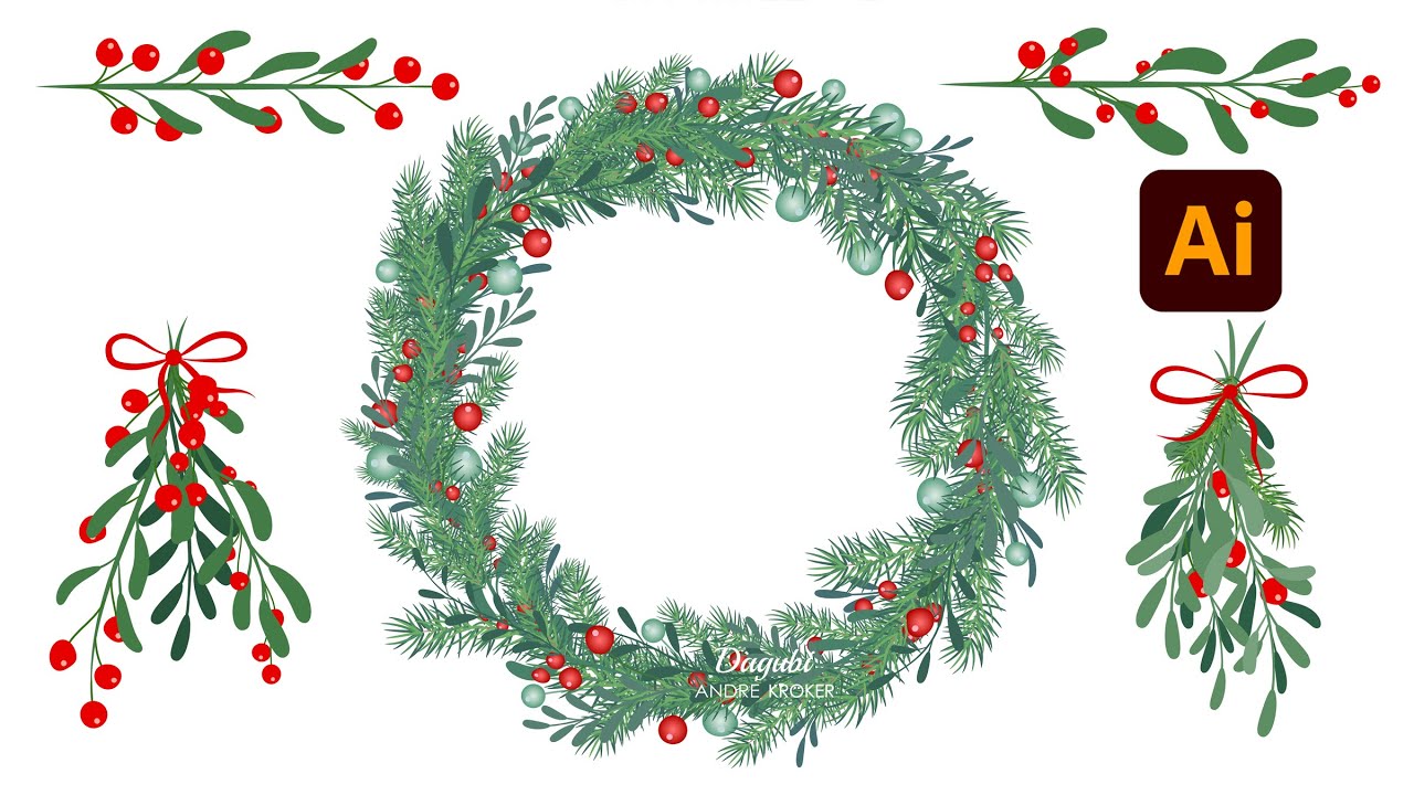 Illustrator Vector Drawing - How to draw a Christmas Wreath and Mistletoes with Brushes