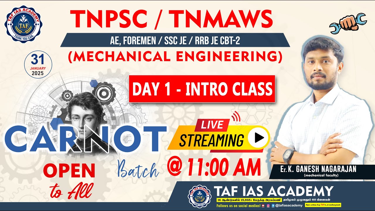 TNPSC / TNMAWS | MECHANICAL ENGINEERING | CARNOT BATCH DAY 1 INTRO CLASS | OPEN TO ALL LIVE | TAF