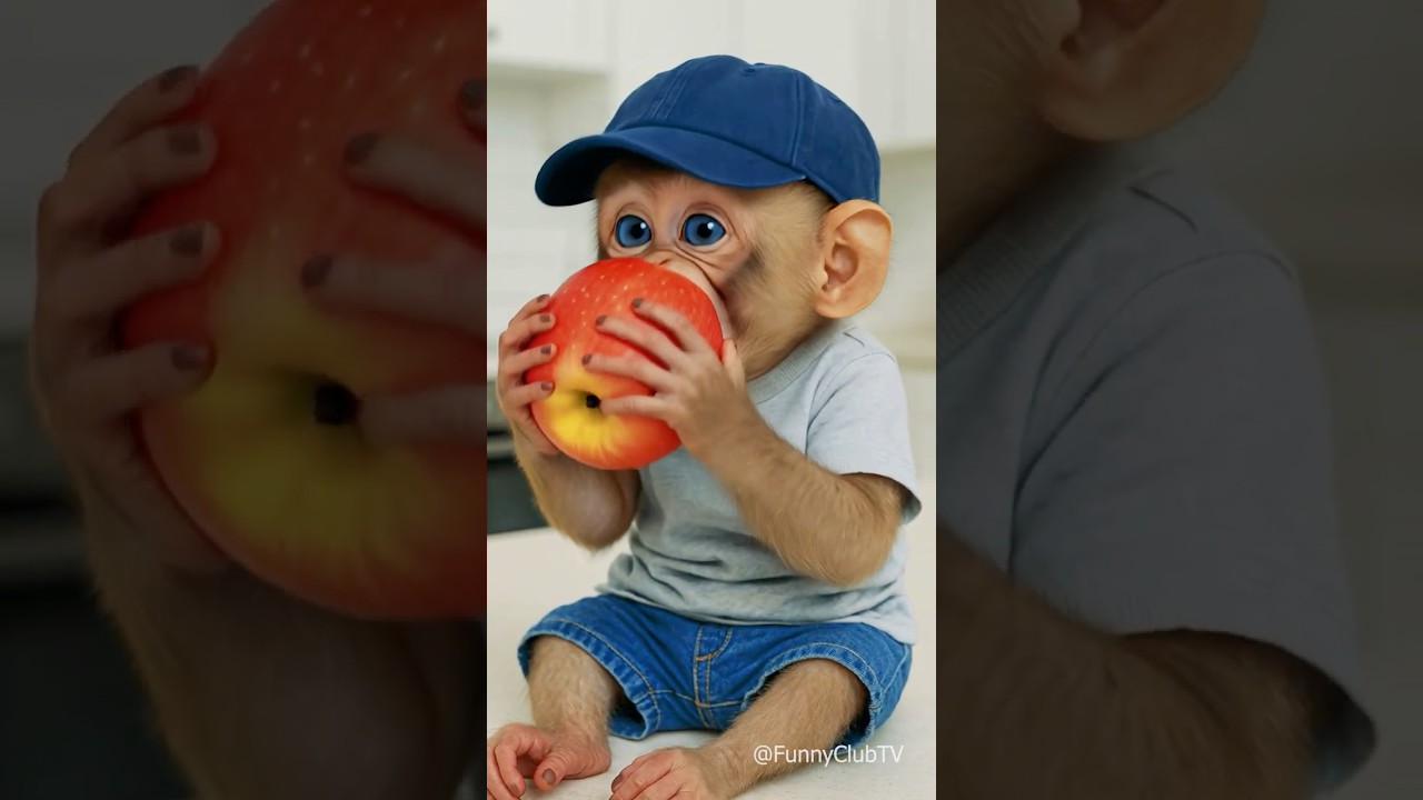 cute baby monkey eating apple 🍎