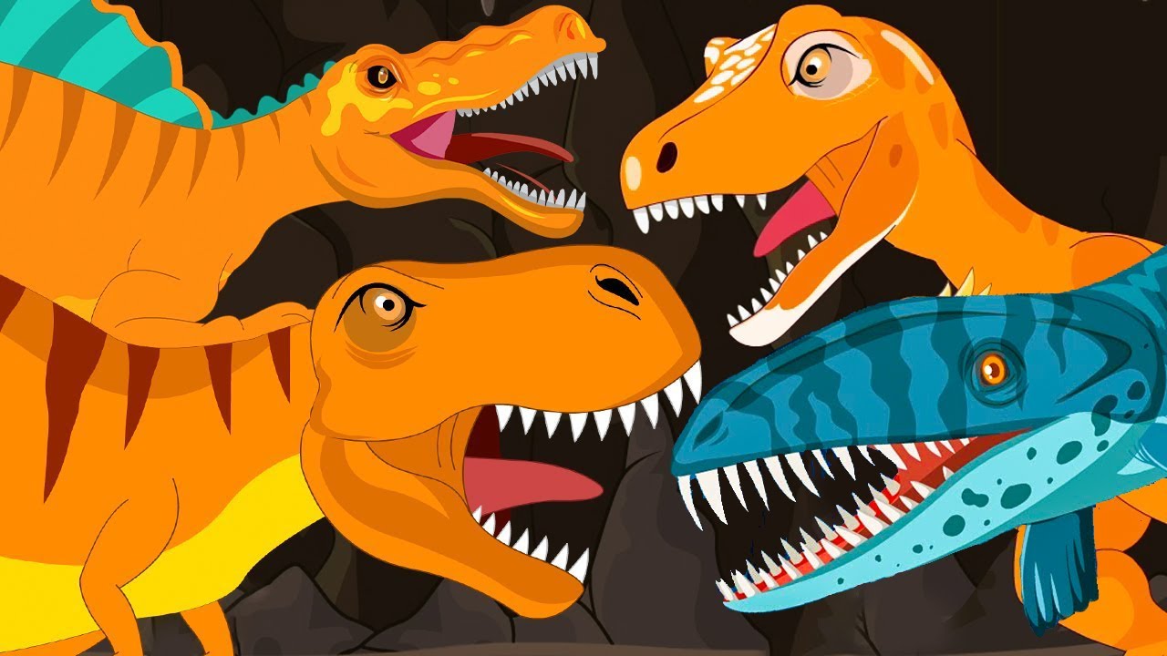 We're Going on a T-rex Dinosaur vs Spinosaurus vs Allosaurus vs Mosasaur Hunt- Preschool Songs