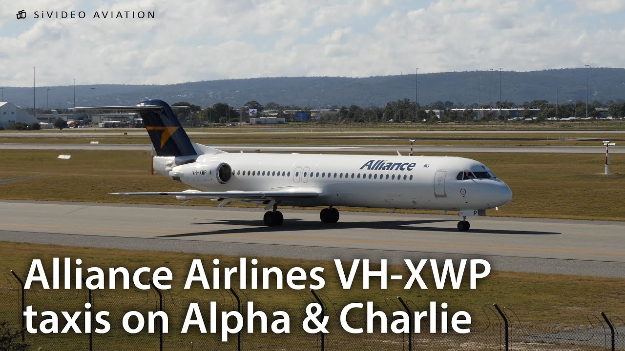 Alliance Airlines (VH-XWP) taxis on Alpha and Charlie to base at Perth Airport.