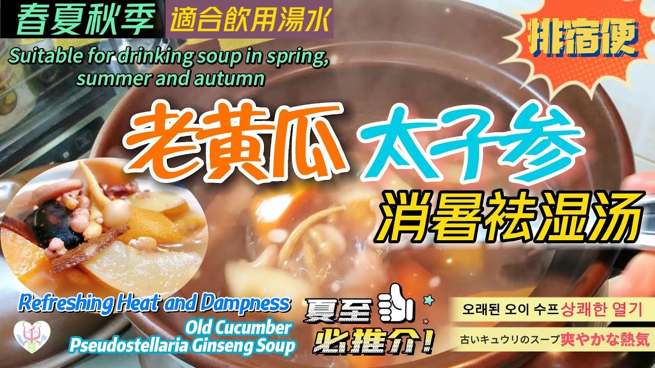 清宿便 清熱袪濕 利水消腫【老黃瓜太子參消暑袪濕湯】春夏秋必飲 | Old Cucumber Pseudostellaria Ginseng Soup for Refreshing Heat