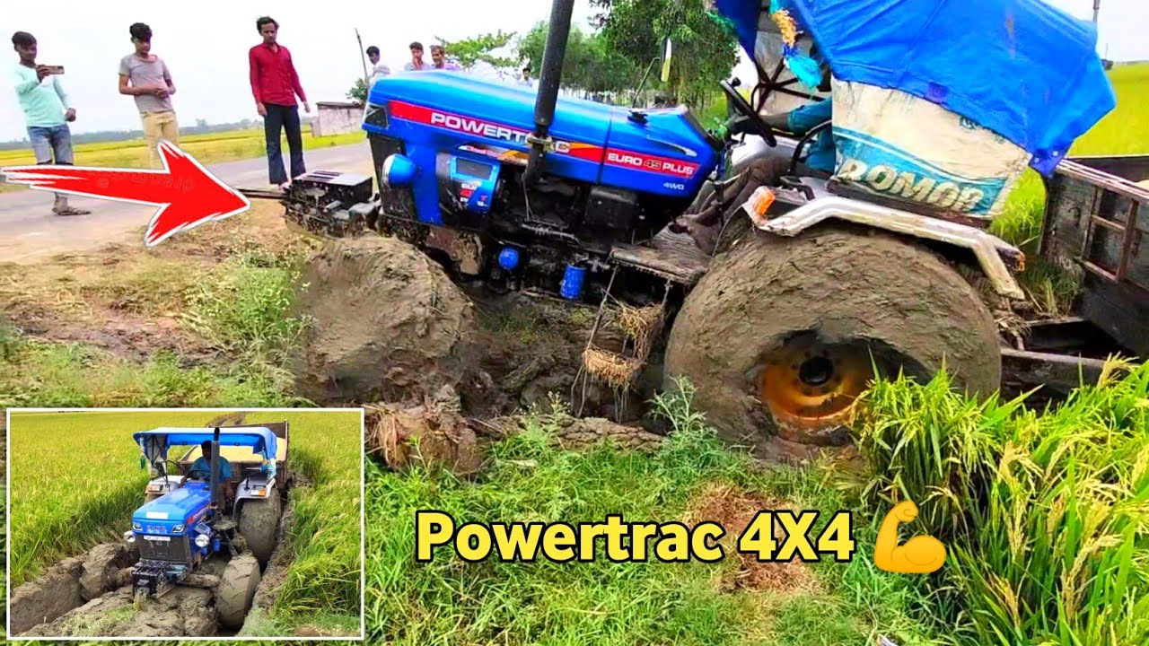 Powertrac Euro 45 4wd tractor load trolley stuck in mud || Tochan with jhon deer 5050 4wd ||