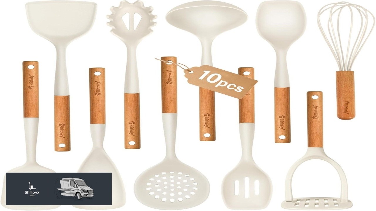 Large Silicone Cooking Utensils Set 10Pcs Nonstick Kitchen Utensil Set with Wooden