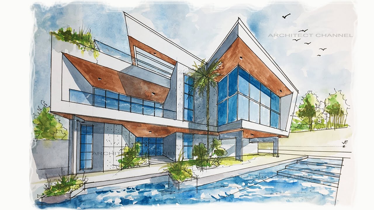 HOW TO DRAW 2 POINT PERSPECTIVE OF A MODERN HOUSE.