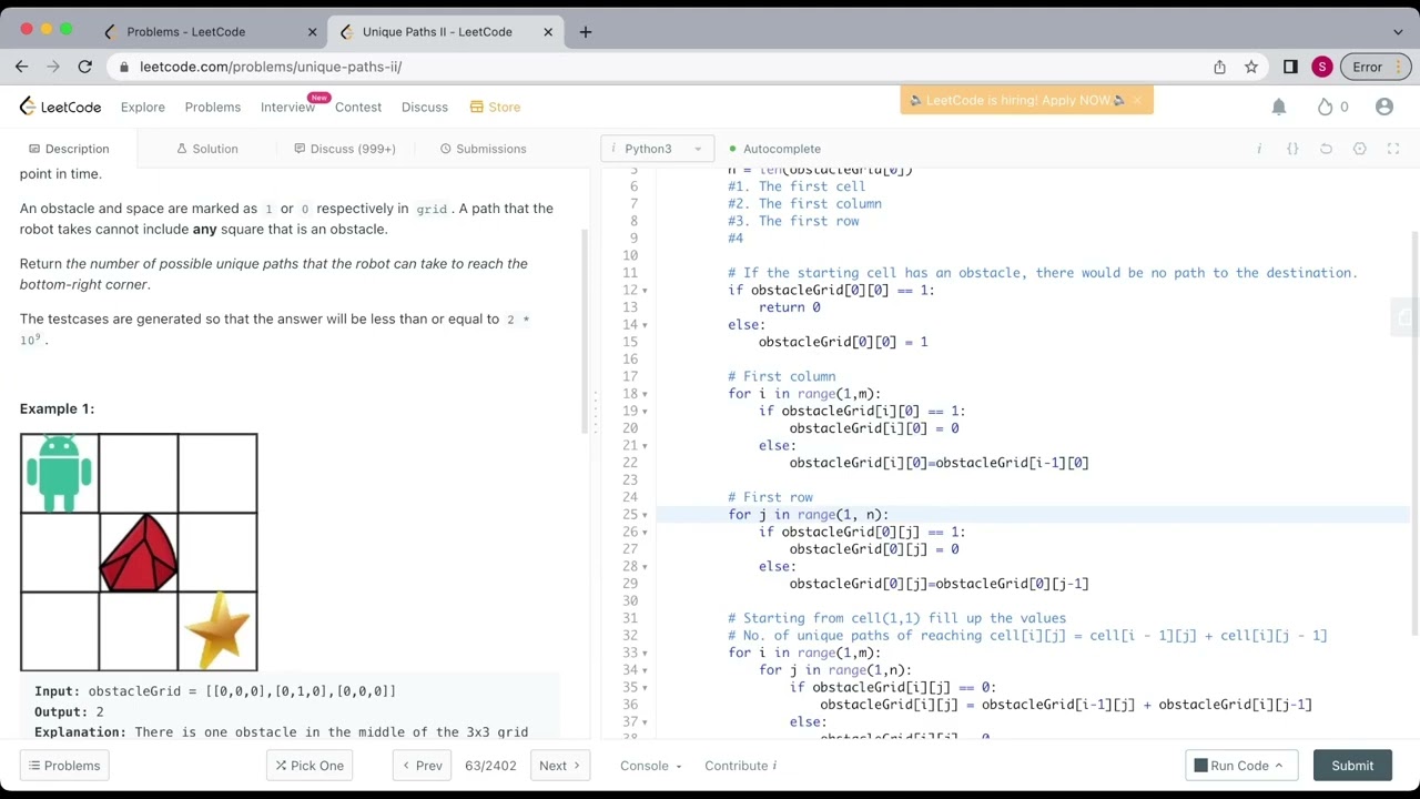 LeetCode 63: Unique Paths II (python dynamic programming solution)