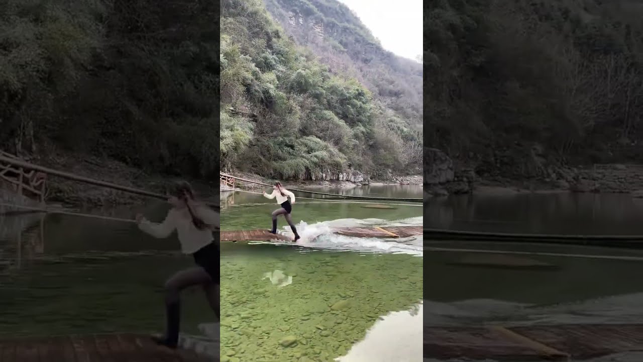 Chinese woman wet boots running on the floating bridge（Update quality）