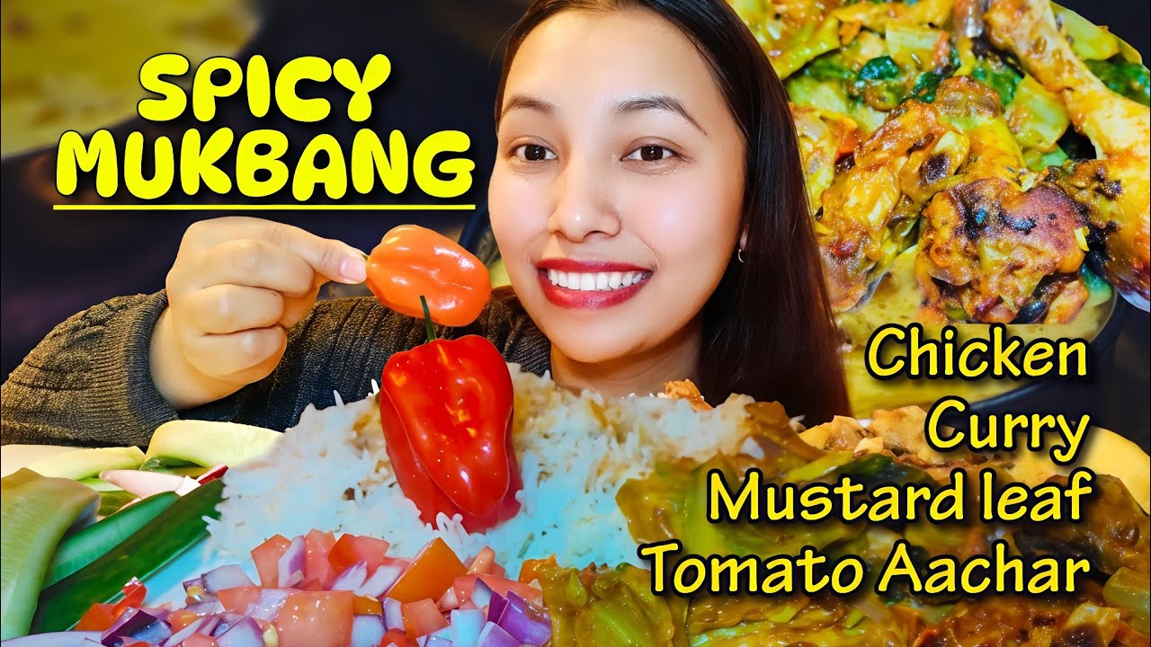 Eating spicy Chicken with Mustard Leaf | king chilly #Tomato Aachar with Rice | Spicy 🔥🥵 #mukbang 