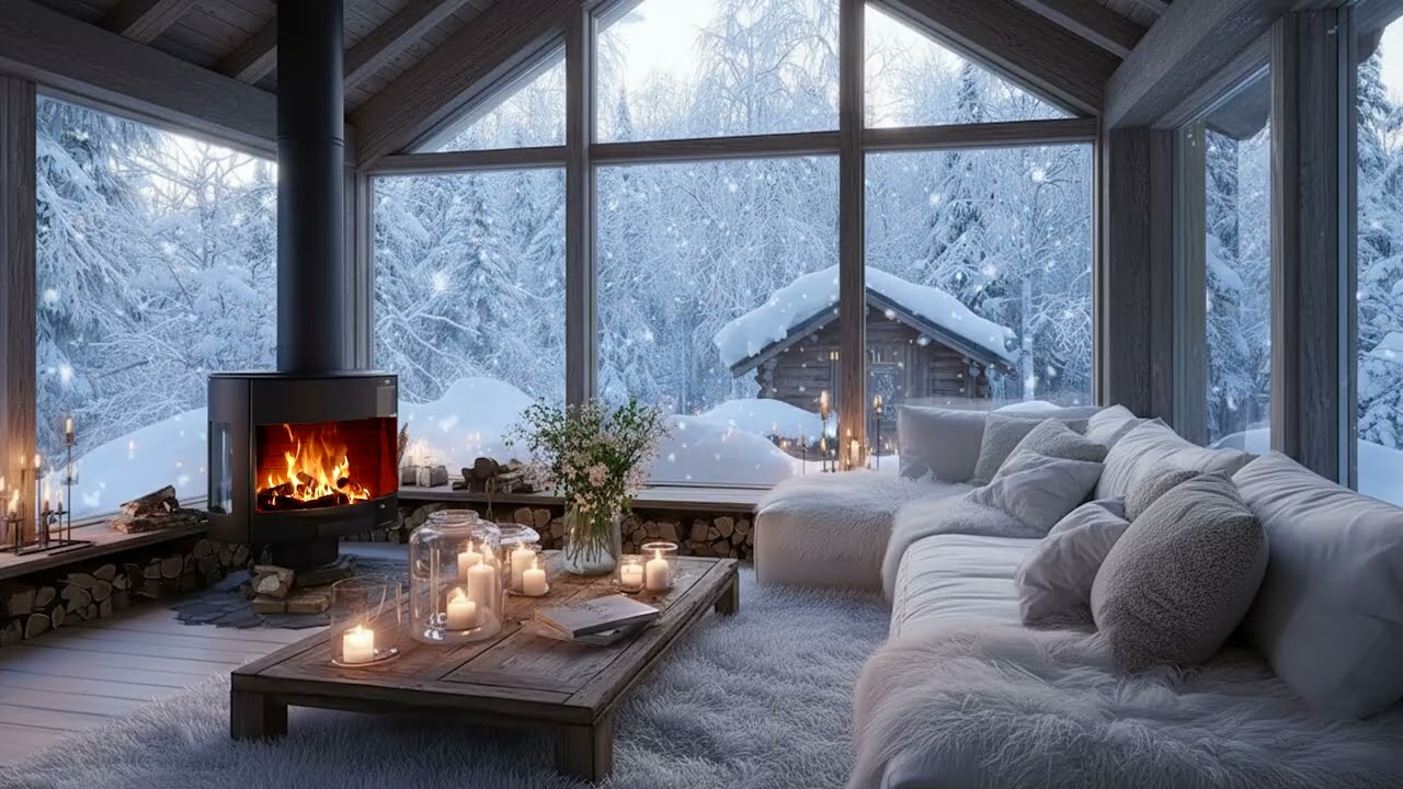 Snowy Piano Ambience | White Floral Lounge with Fireplace (3 Hours) Calm