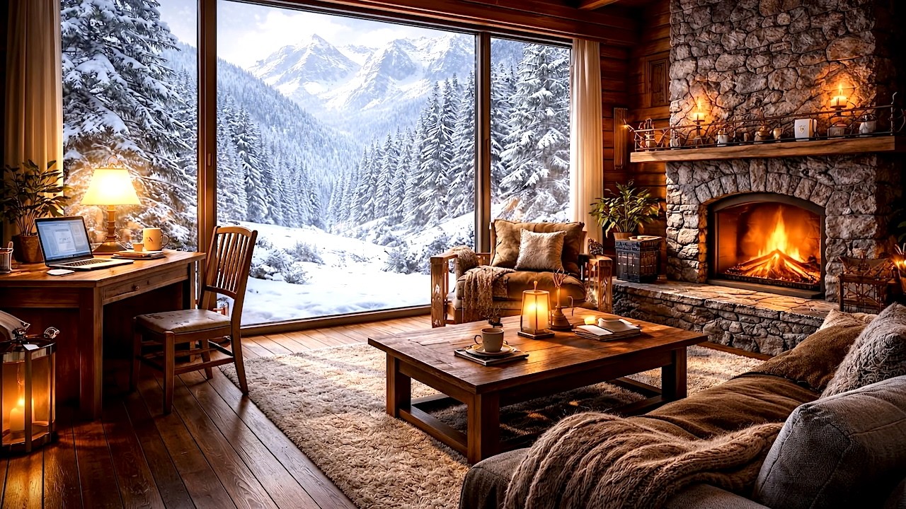 Cozy Winter Cabin Fireplace | Snowy Mountain View (4K, 10 Hours)