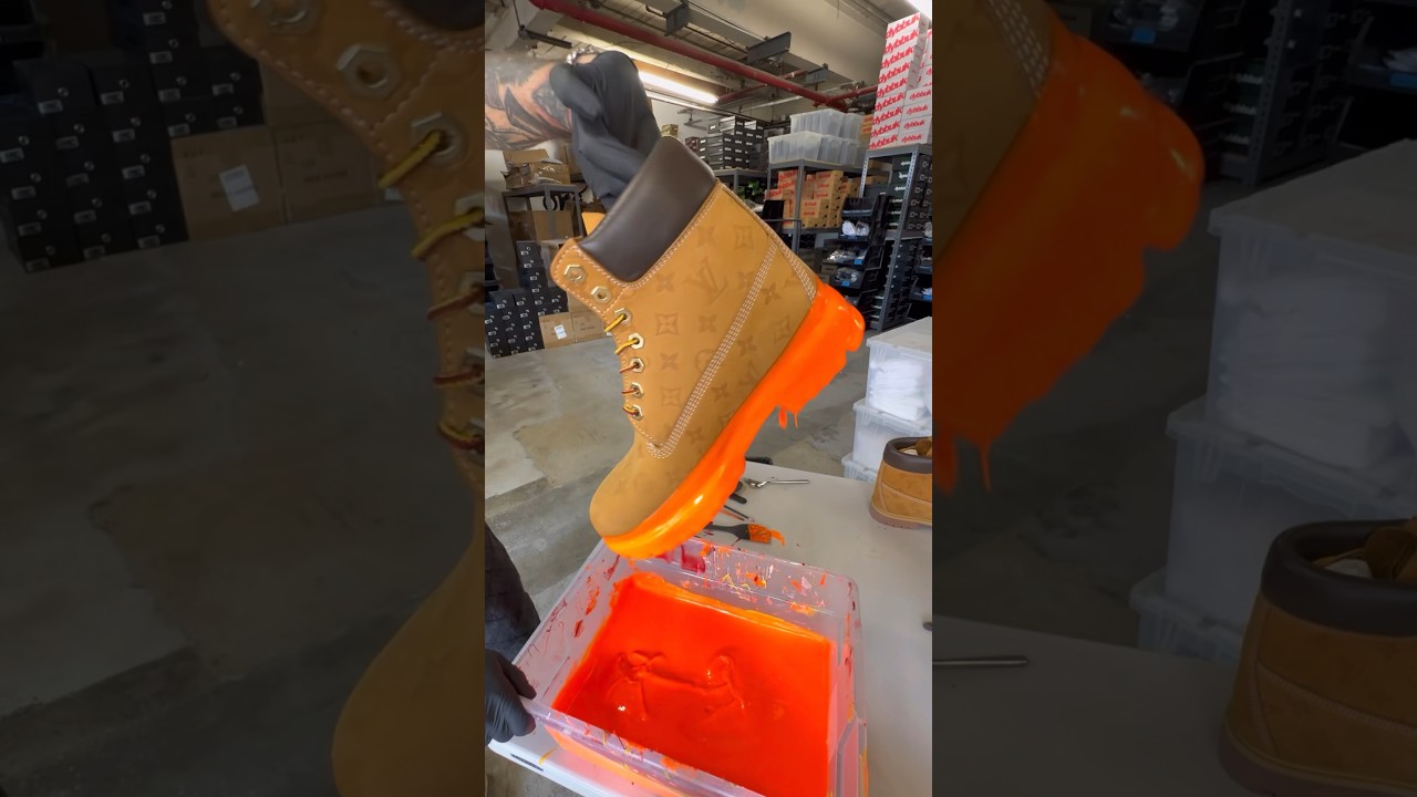 TANGERINE LOUIS TIMBS. Had to&hellip; #custom #dipped #timberland #boots #fyp #louisvuitton
