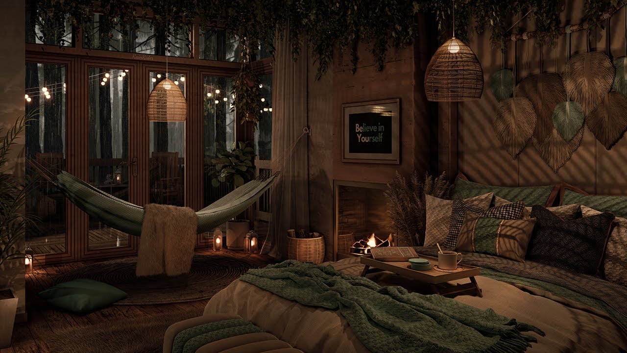 Cozy Room Ambience Asmr🌜Rain And Distant Thunder Sounds For Sleeping | Crackling Fire, Relaxing Rain