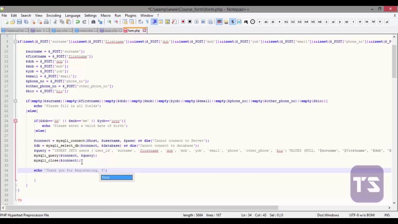 PHP MYSQL Complete Registration form Part 6 Final - Lecture 81 (PHP Tutorial)