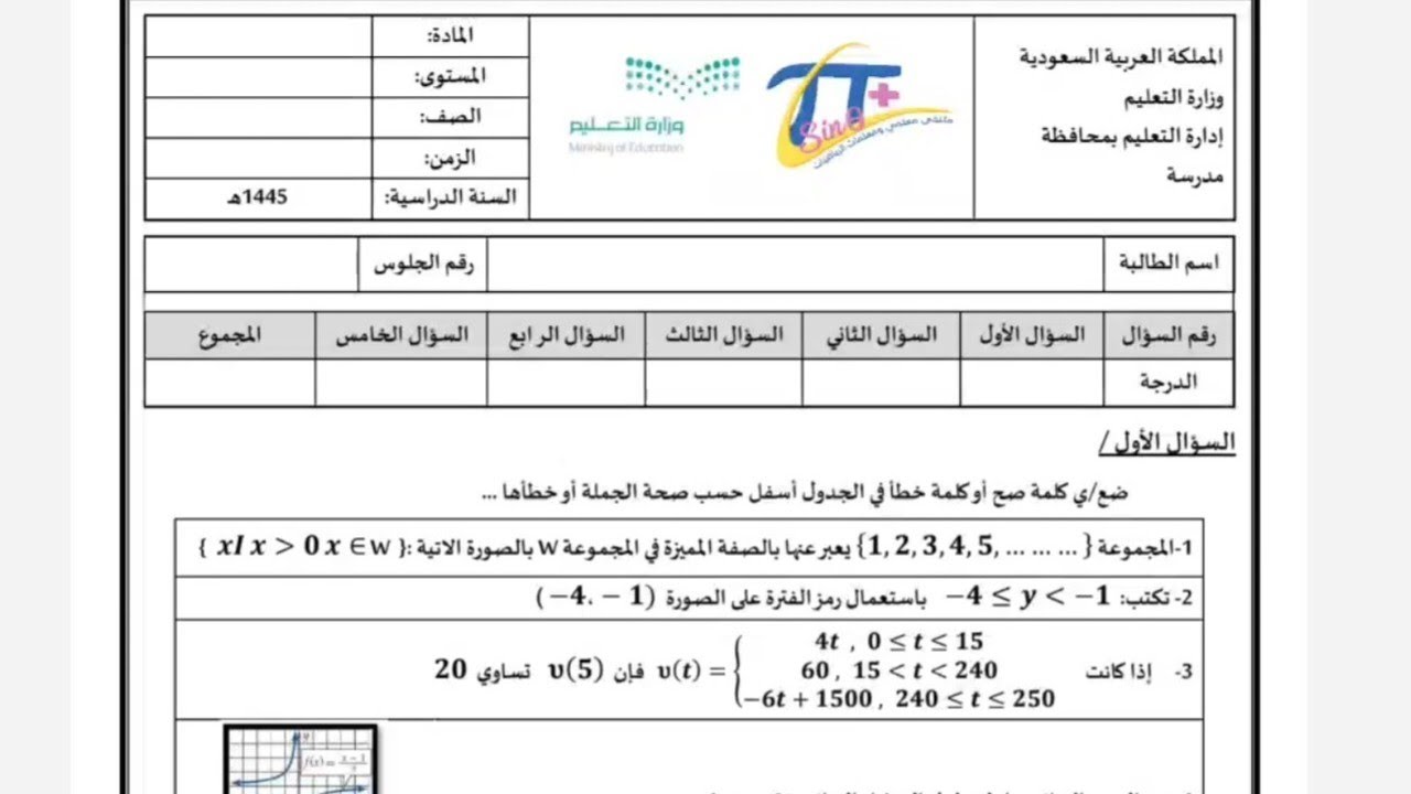 نماختبار رياضيات نهائي  ثالث ثانوي الفصل الدراسي الأول