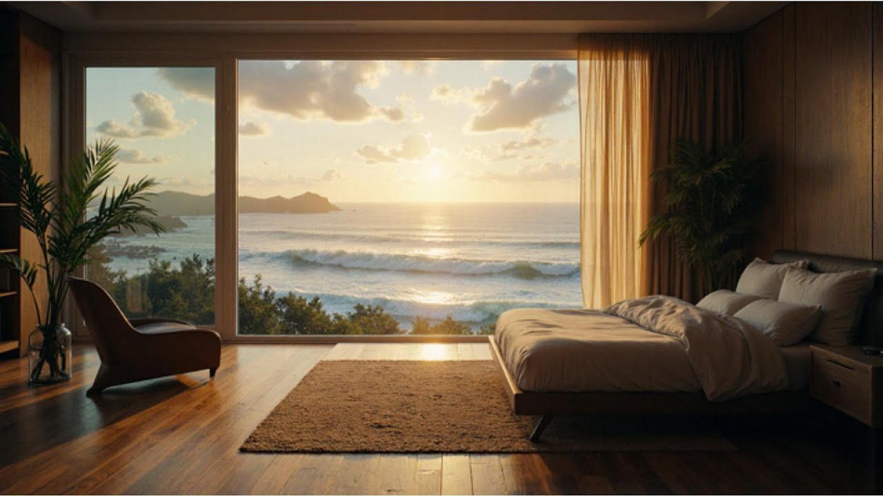 Ocean View Sunrise Bedroom – 4K Relaxing Waves | Dormitorio con Vistas al Mar – Olas Suaves