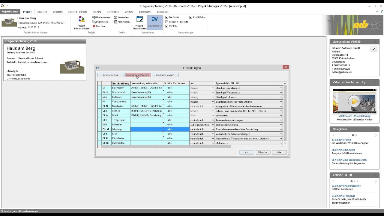 Verwaltung der Einwirkungen in der mb WorkSuite