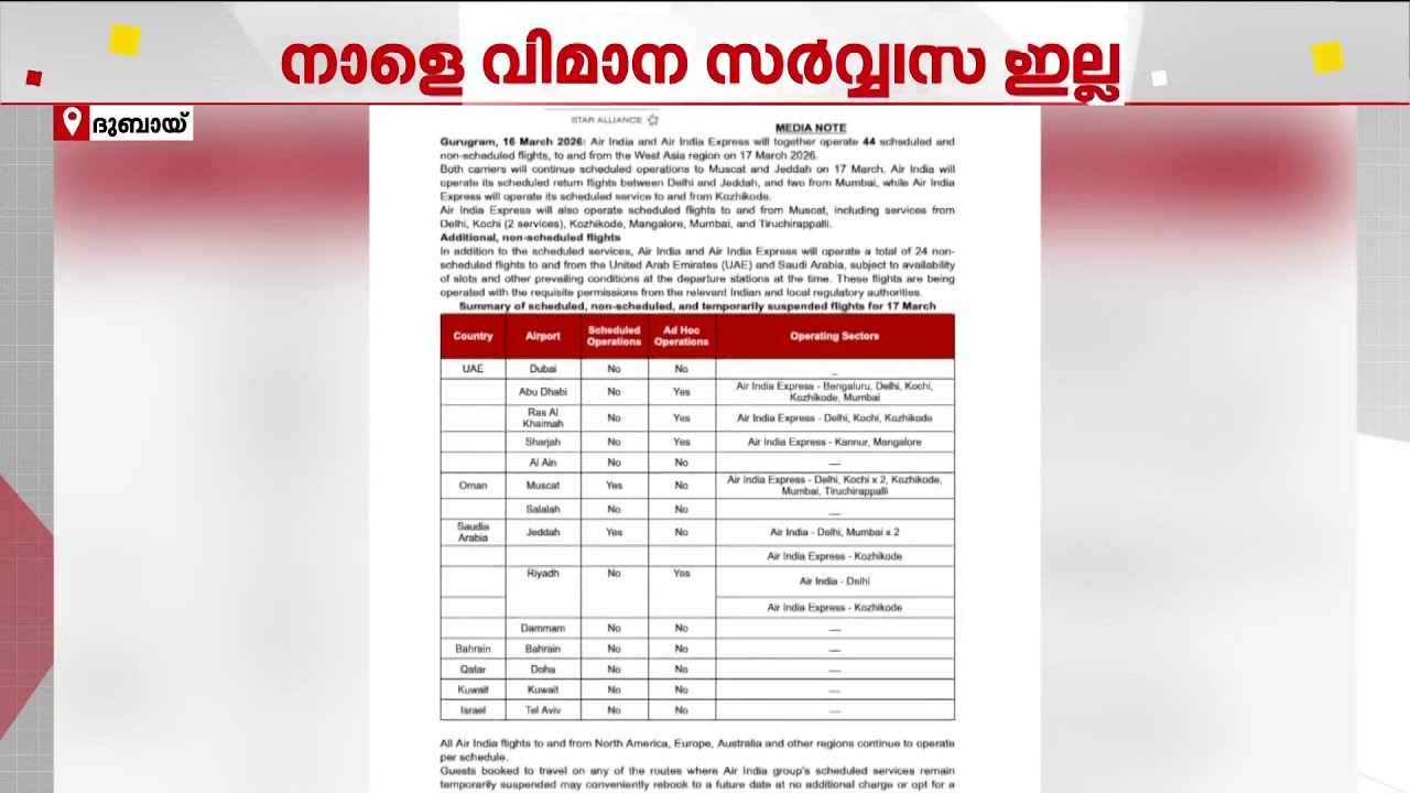 ദുബായിലേക്ക് നാളെ വിമാനമില്ല; എയർ ഇന്ത്യയും എക്സ്പ്രസ്സും സർവീസുകൾ റദ്ദാക്കി