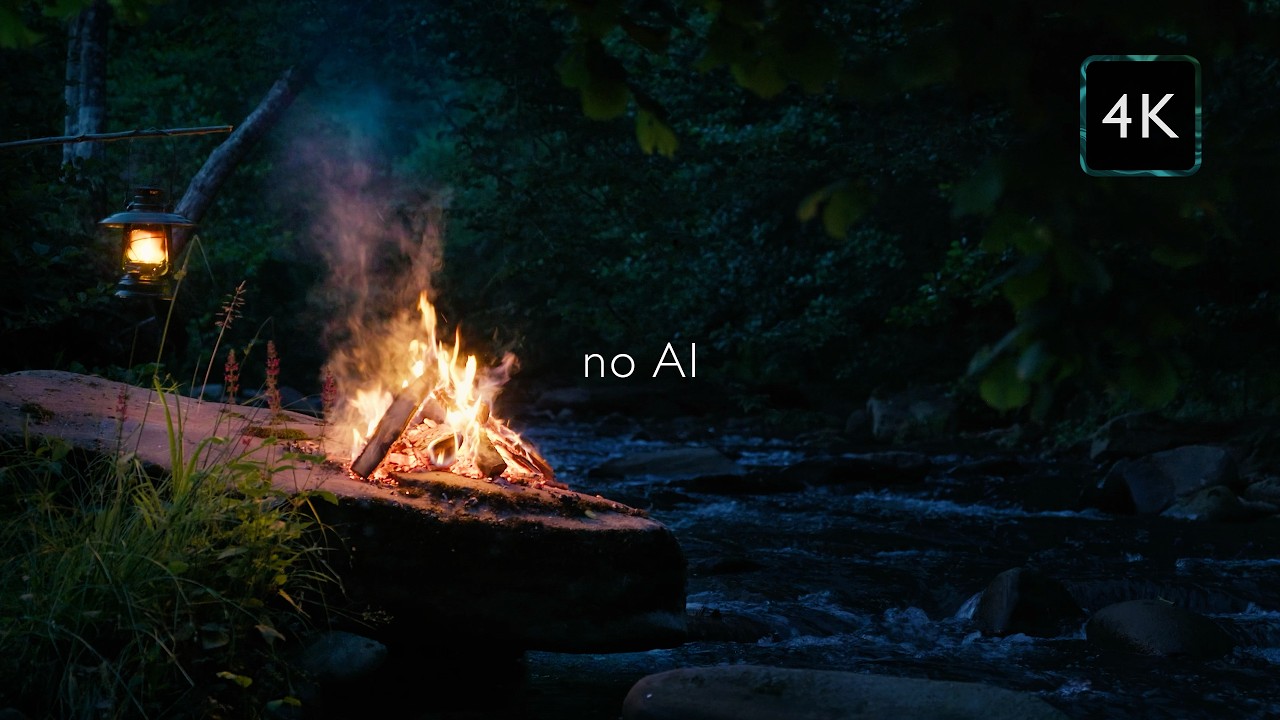 Real Campfire on a River Rock &mdash; Hidden Forest Night Ambience (4K)