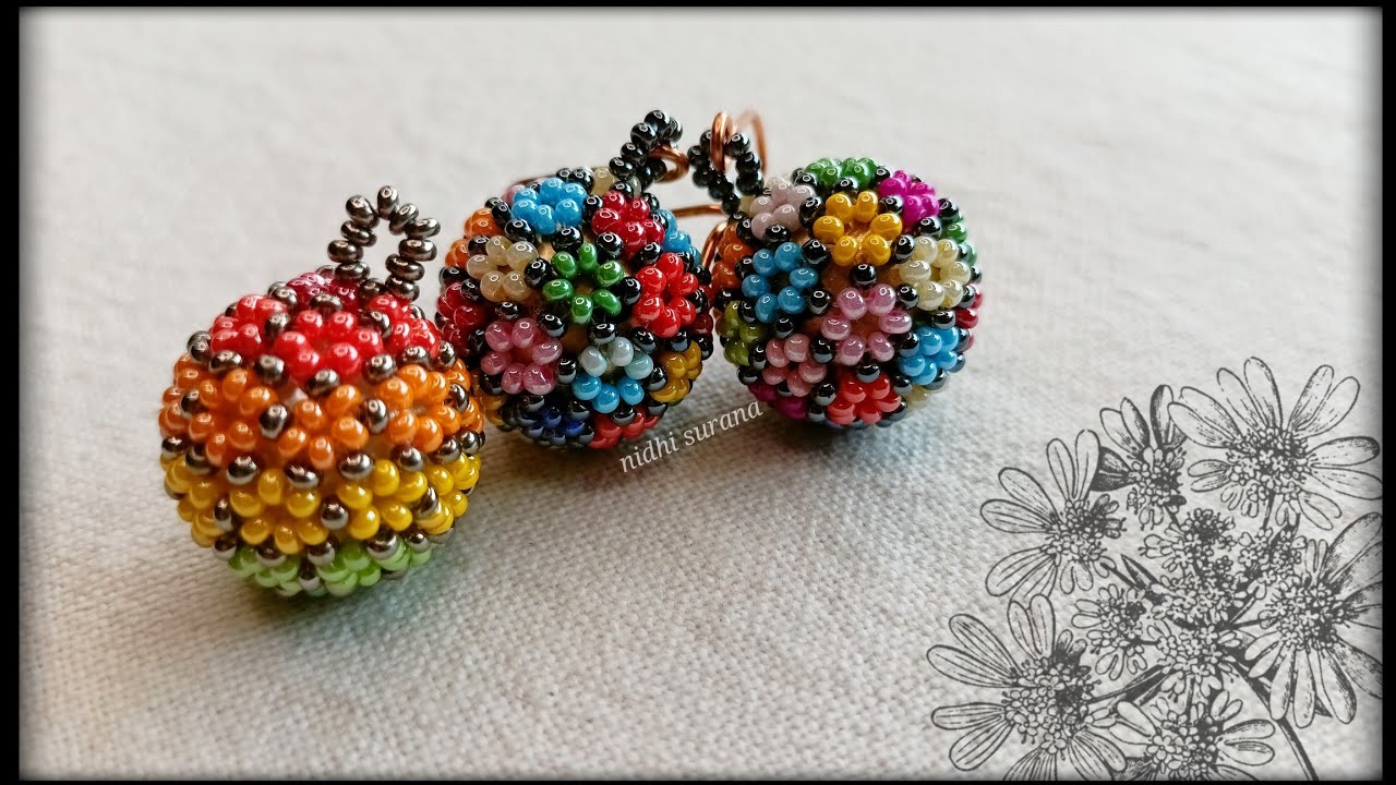 Multicolor beaded bead earrings/How to make beaded earring/Beaded Flower ball Tutorial diy