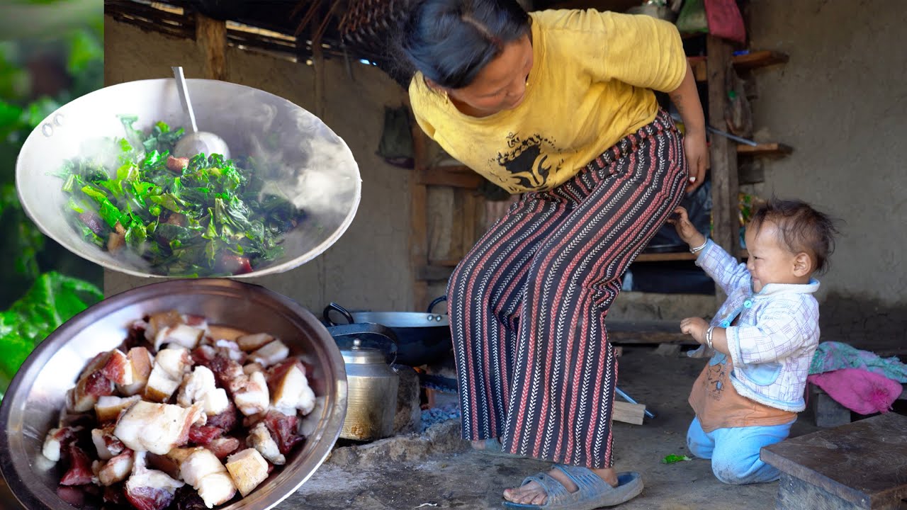 Ridam kiding with mother || Rita cooks pork Mustard green curry ||