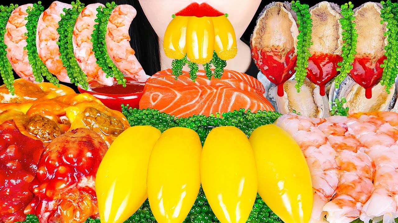 ASMR RAW SEAFOOD MUKBANG 새우회, 연어회, 열빙어 한치, 멍게 전복회 FISH ROE IN SQUID, SHRIMP, SALMON EATING SOUNDS먹방