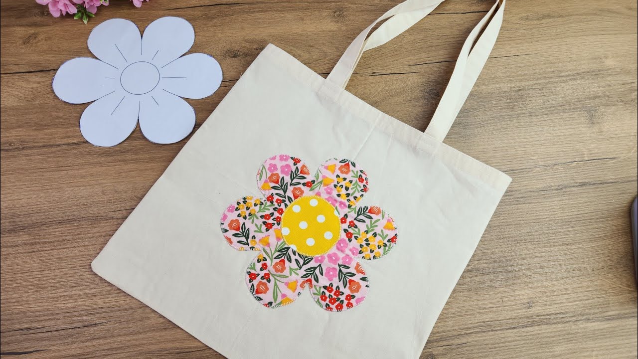 Handmade Organic Cotton Tote Bag – Flower Appliqué Design