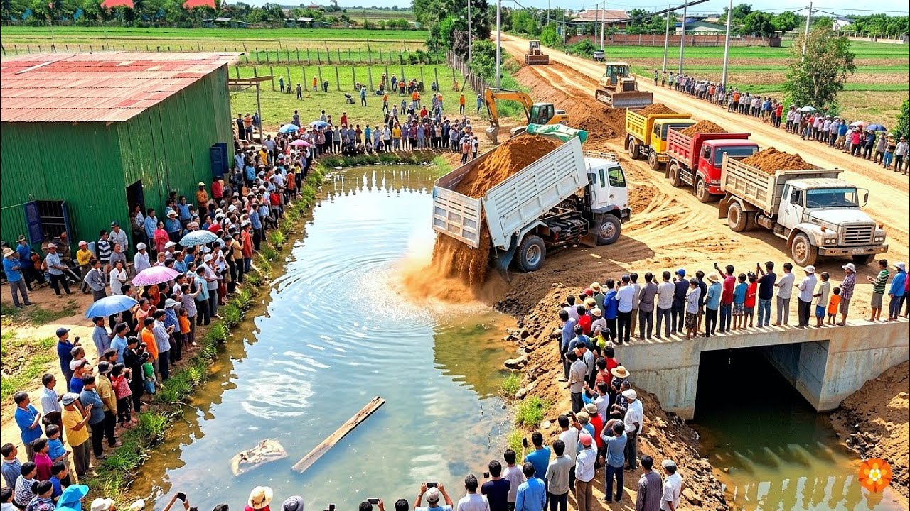 Dump Truck Start Unloading Soil In New Perfect Project, & Mini Bulldozer Pushing Soil