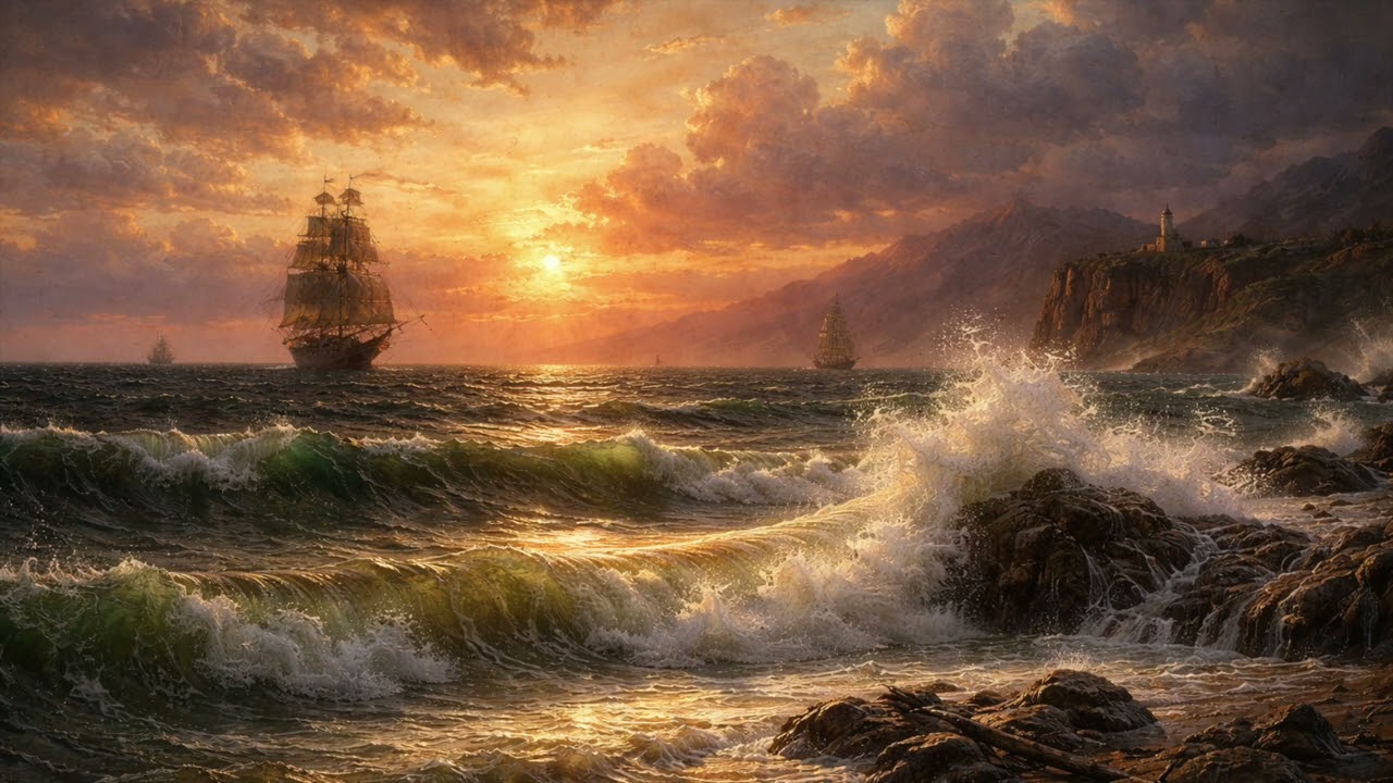Golden Sunset Over the Ocean | Relaxing Seascape Oil Painting