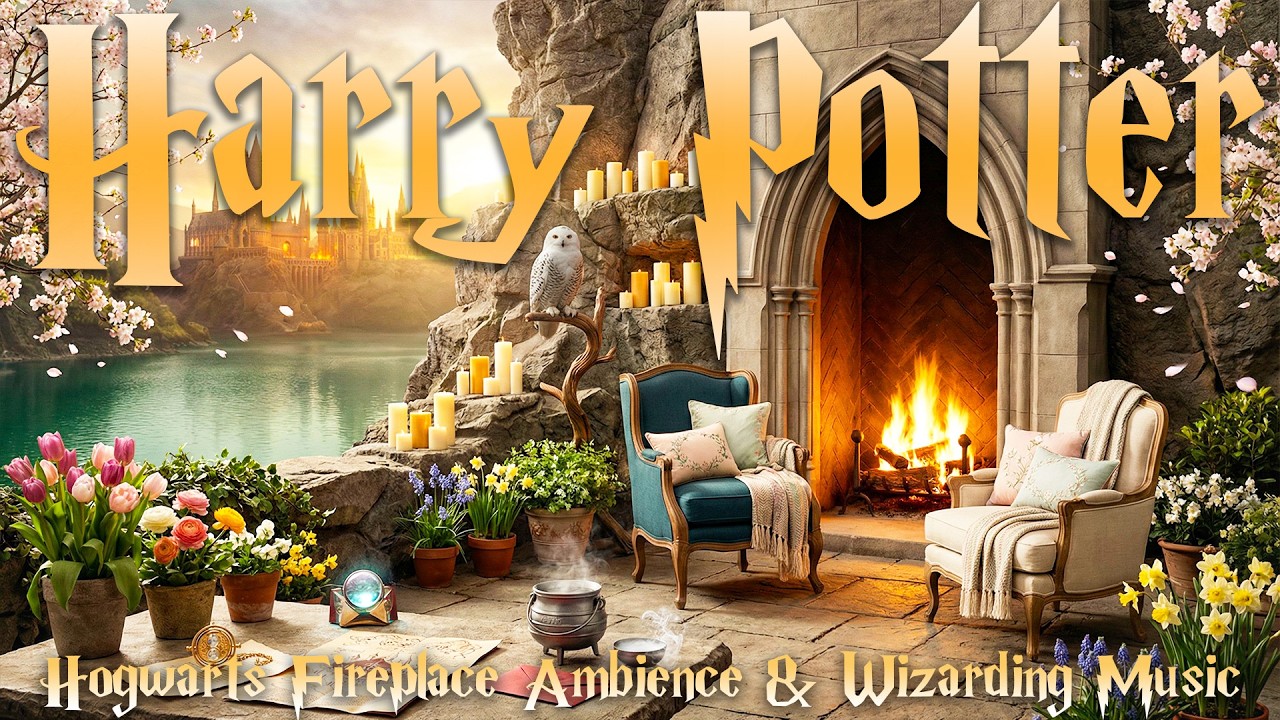 Sakura Evening at Hogwarts Lake 🌸 Cliffside Fireplace Ambience | Harry Potter Music