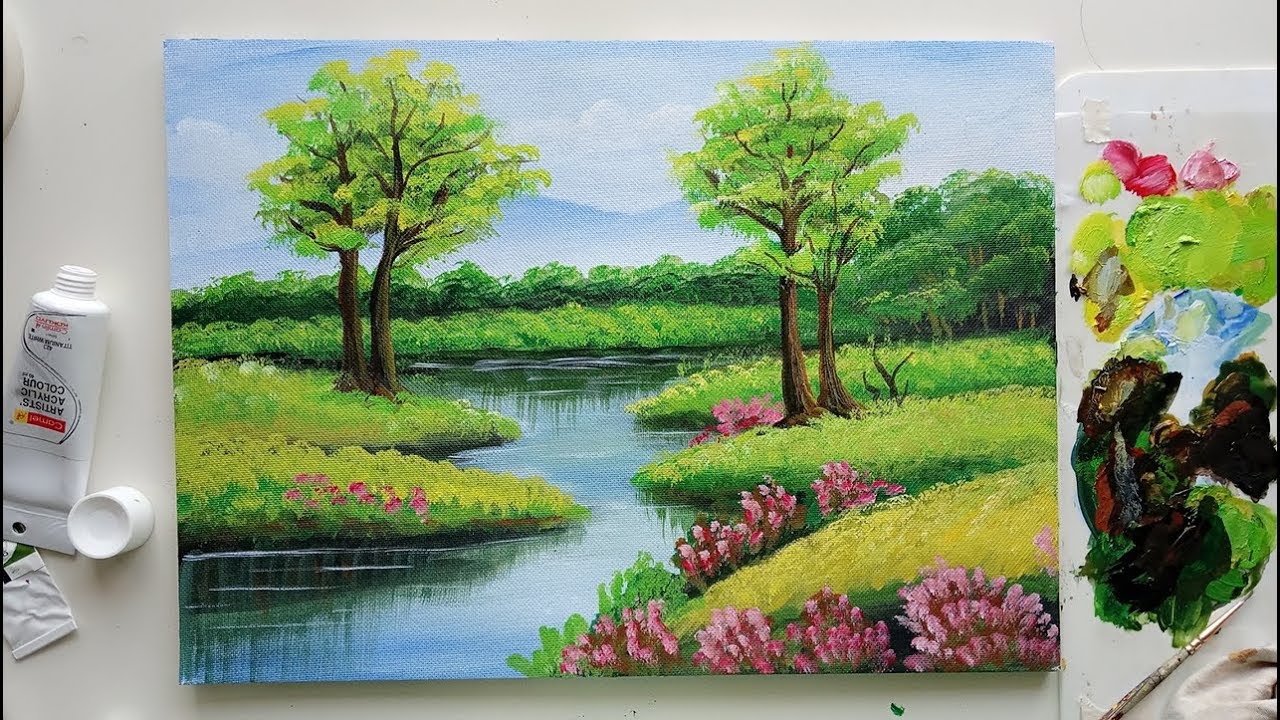 Trees in a Beautiful Landscape | Easy Landscape Painting | Acrylic Painting