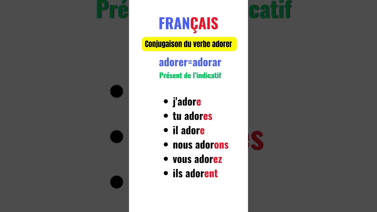 Conjugaison du verbe adorer au pr&eacute;sent de l'indicatitif #fran&ccedil;ais #frances#auladefranc&ecirc;s#shorts s