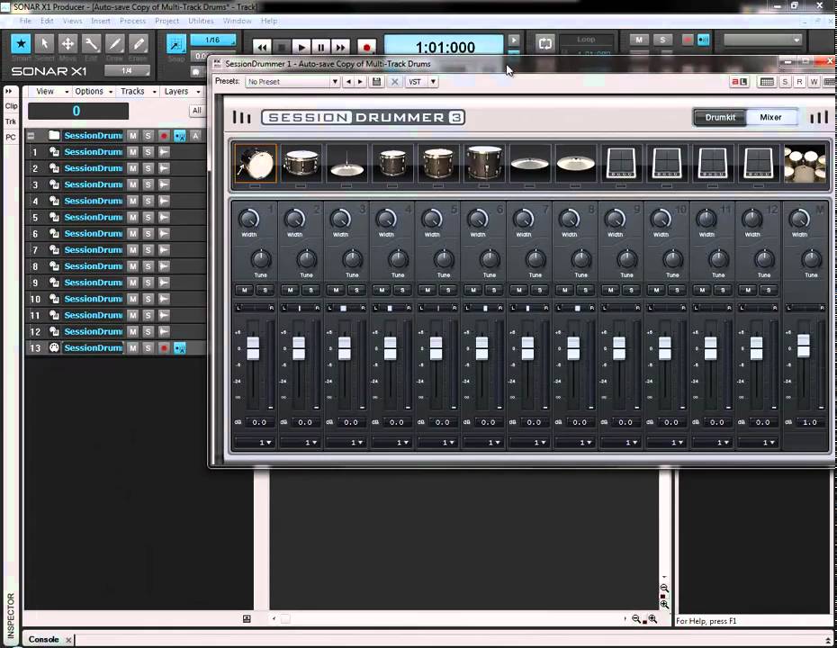 Multi-Track Drums In Session Drummer 3 - Sonar X1 Producer Edition