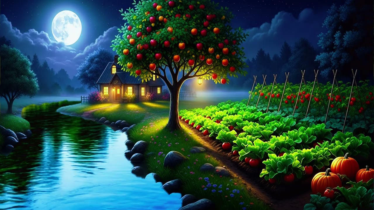 Peaceful Countryside Night — Relaxing Music under Moonlight with River, Fruits & Vegetables