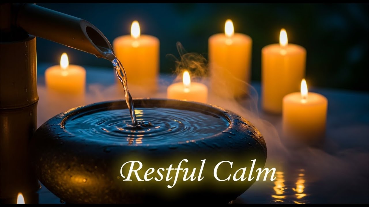 Peaceful Zen Morning Mist Bamboo Fountain and Candle Glow for Healing Meditation Sleep Tranquil